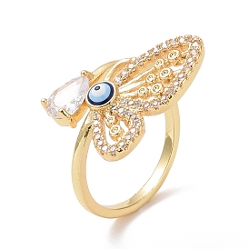 Clear Cubic Zirconia Butterfly with Enamel Evil Eye Open Cuff Ring, Real 18K Gold Plated Brass Jewelry for Women, Cadmium Free & Lead Free