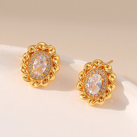 Elegant Oval Lace Design Earrings with Dazzling Zircon - European and American Style