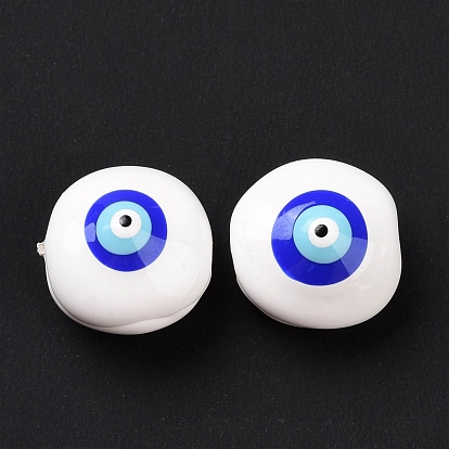 Enamel Beads, with ABS Plastic Imitation Pearl Inside, Flat Round with Evil Eye