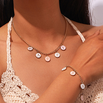 Alloy Enamel Round with Letter HAPPY Charm Bracelets & Necklaces Set for Women