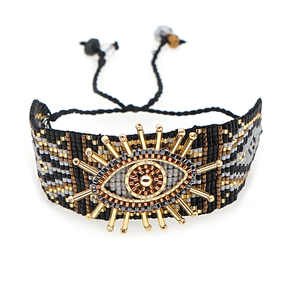 Friendship Eye Loom Pattern Seed Beads Bracelets for Women, Adjustable Nylon Cord Braided Bead Bracele