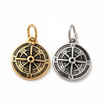 Ion Plating(IP) 304 Stainless Steel Pendants, with Jump Rings, Flat Round with Compass Charms
