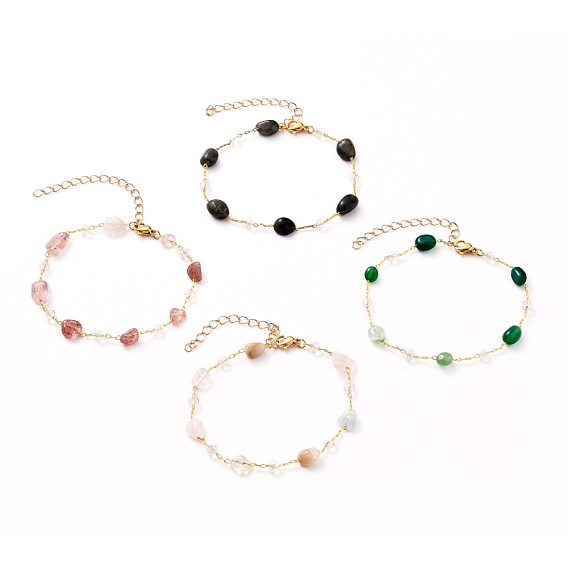 Браслеты из бисера из натуральных драгоценных камней самородки, со стеклянными бусинами, латунные кабельные цепи и 304 застежки из лобстера из нержавеющей стали