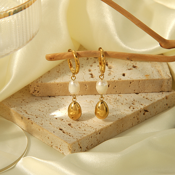 Серьги-кольца из нержавеющей стали и пресноводного жемчуга в форме слезы, женский европейский и американский стиль