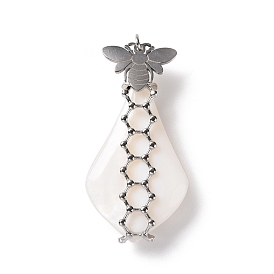 Natural White Shell Pendants, with Stainless Steel Color Plated 304 Stainless Steel Bee Findings, with Jump Ring, Teardrop