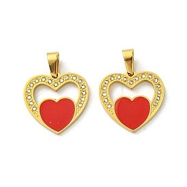 Ion Plating(IP) 304 Stainless Steel Pendants, with Enamel and Rhinestone, Real 18K Gold Plated, Heart Charm