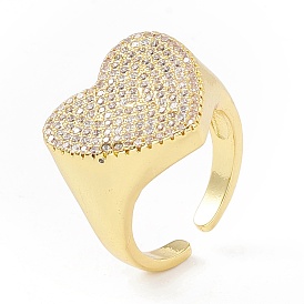 Clear Cubic Zirconia Heart Signet Open Cuff Ring, Brass Jewelry for Women, Cadmium Free & Lead Free