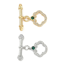 Brass Micro Pave Clear Cubic Zirconia Toggle Clasps, with Glass