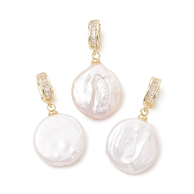 Подвески из натурального барочного жемчуга кеши, Подвески в виде жемчужных пуговиц и монеток с латунными микропаве из прозрачных кубических цирконий в качестве застежек., белые