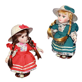 Adornos de exhibición de muñecas de porcelana y relleno de celulosa., señora mujer con sombrero y vestido de tela, para el escritorio del hogar y la decoración de la casa de muñecas