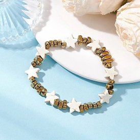 Синтетические бирюзовые бусы стрейч браслеты, звезда, с гальваническими немагнитными бусинами из синтетического гематита