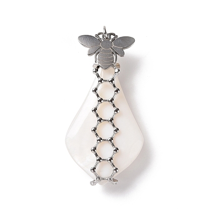 Natural White Shell Pendants, with Stainless Steel Color Plated 304 Stainless Steel Bee Findings, with Jump Ring, Teardrop
