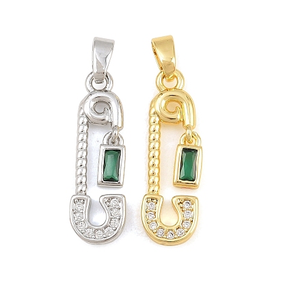 Pendentifs en laiton zircon cubique micro pavé vert, épingle de sûreté avec breloques rectangulaires