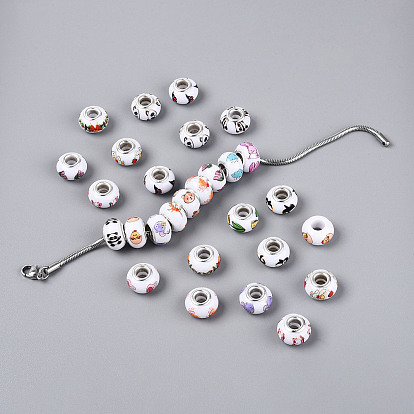 Непрозрачная смола европейский бисер, RONDELLE большие шарики отверстия, с латунными сердечниками с серебряным покрытием