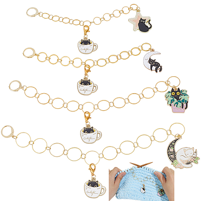 4 шт. 4 стили латунные цепочки для вязания счётчиков рядов, с эмалированным сплавом, подвеской в виде кота, чашки и луны, разнообразные