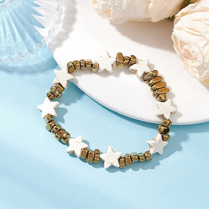 Синтетические бирюзовые бусы стрейч браслеты, звезда, с гальваническими немагнитными бусинами из синтетического гематита