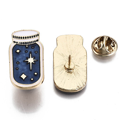 Alloy Brooches, Enamel Pin, with Brass Butterfly Clutches, Bottle with Star, Light Gold