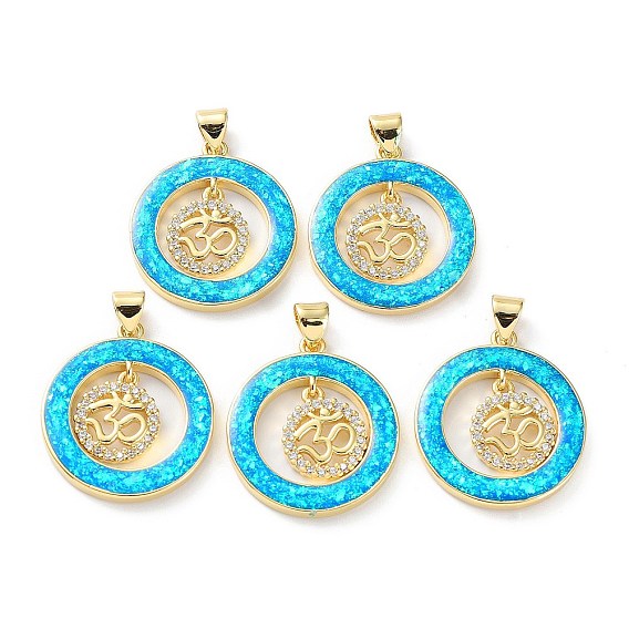Rack Plating Brass Micro Pave Cubic Zirconia Chakra Pendants, Synthetic Opal Flat Round Charms with Snap on Bail, Cadmium Free & Lead Free, Long-Lasting Plated, Real 18K Gold Plated