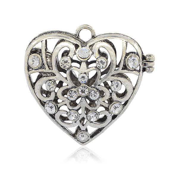 Tibetan Style Magnetic Alloy Cage Pendants, with Rhinestones, Hollow Heart, 48x52x23mm, Hole: 5mm