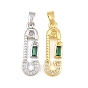 Brass Micro Pave Green Cubic Zirconia Pendants, Safety Pin with Rectangle Charms