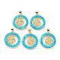 Rack Plating Brass Micro Pave Cubic Zirconia Chakra Pendants, Synthetic Opal Flat Round Charms with Snap on Bail, Cadmium Free & Lead Free, Long-Lasting Plated, Real 18K Gold Plated
