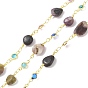Natural Gemstone Nugget Beaded Brass Cable Chains, with Colorful Cubic Zirconia Flat Round Links, Soldered, with Spools, Cadmium Free & Lead Free, Real 18K Gold Plated