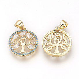 DIY Brass Micro Pave Cubic Zirconia Pendants, Ring with Tree of Life