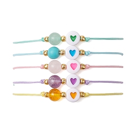 6mm Round Gemstone & Acrylic Enamel Heart Braided Bead Bracelets for Women