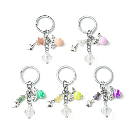 Gemstone Chip & Alloy Heart Pendant Keychain with Angel Acrylic Chamr, for Car Key Bag Ornament