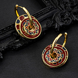 Плоские круглые латунные эмалевые серьги-кольца