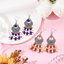 Серьги-люстры из сплава стеклянных бусин в форме слезы, с  латунными крючками для серег, античное серебро