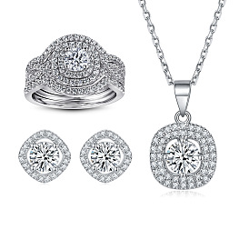 925 Silver Zircon Ring Set with Necklace, Earrings - 3 Piece Jewelry Set