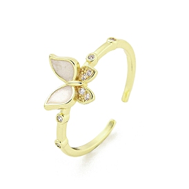Brass Micro Pave Cubic Zirconia Cuff Rings, Butterfly Open Rings for Women, Long-Lasting Plated, with Enamel