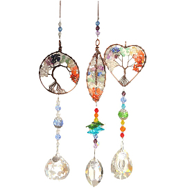 Glass Teardrop/Leaf Pendant Decoration, Hanging Suncatchers, with Tree of Life Natural Gemstone Chip for Home Garden Decoration
