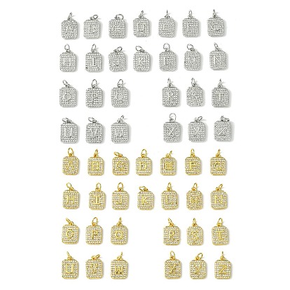 Rack-Beschichtung Messing Micro Pave klar Cubic Zirkonia Charms, langlebig überzogen, Bleifrei und cadmium frei, Rechteck mit Buchstabenmuster, mit Sprungring, echt 18k vergoldet/platiniert
