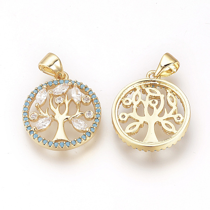DIY Brass Micro Pave Cubic Zirconia Pendants, Ring with Tree of Life