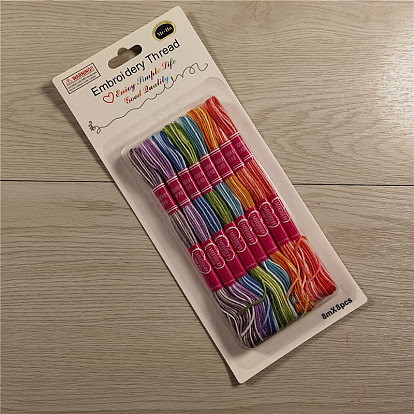 8 Skeins 8 Colors 6-Ply Polycotton(Polyester Cotton) Embroidery Floss, Cross-Stitch Threads, Segment Dyed, Rainbow Color