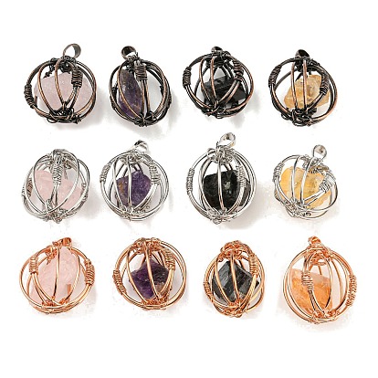 Natural Gemstone Pendants, Ball Charms with Rack Plating Brass Findings, Lead Free & Cadmium Free