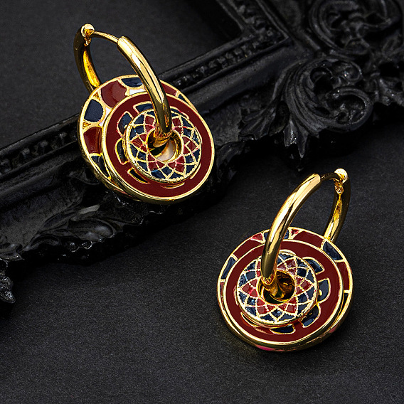 Плоские круглые латунные эмалевые серьги-кольца