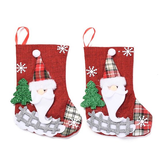 Cloth Hanging Christmas Stocking, with Plaid Pattern, Candy Gift Bag, for Christmas Tree Decoration, Santa Claus and Snowflake