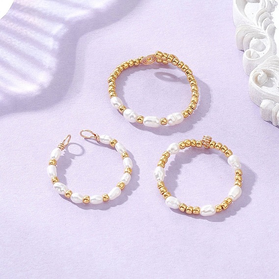 3колец с медной проволокой из натурального культивированного пресноводного жемчуга, с бисером