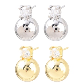 Латунные серьги-гвоздики с инкрустацией прозрачными кубическими циркониями, круглые, без свинца и без кадмия, долговечный, стойки покрытие