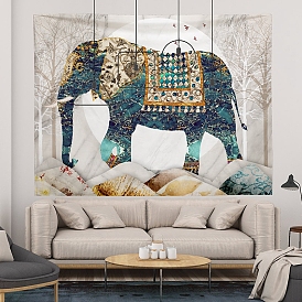 Elephant Polyester Wall Hanging Tapestry, with Plastic Non-Trace Wall Picture Hooks and Iron Curtain Clips, for Bedroom Living Room Decoration