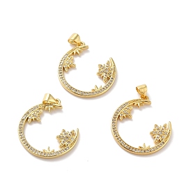 Rack Plating Brass Micro Pave Cubic Zirconia Pendants, Cadmium Free & Lead Free, Real 18K Gold Plated, Moon with Star