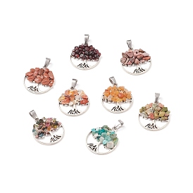 8Pcs 8 Styles Natural & Synthetic Mixed Stone Chip Pendants, with Platinum Tone Alloy Findings, Flat Round with Life of Tree Charm