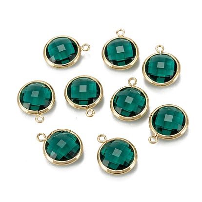 Brass Glass Charms, Real 18K Gold Plated, Long-Lasting Plated, Lead Free & Nickel Free & Cadmium Free, Flat Round