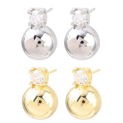 Латунные серьги-гвоздики с инкрустацией прозрачными кубическими циркониями, круглые, без свинца и без кадмия, долговечный, стойки покрытие