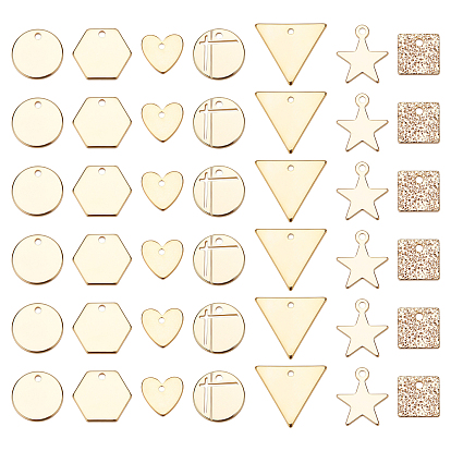 42Pcs 7 Style Brass Charms, Long-Lasting Plated, Nickel Free, Star & Heart & Hexagon & Triangle & Flash Sand & Flat Round