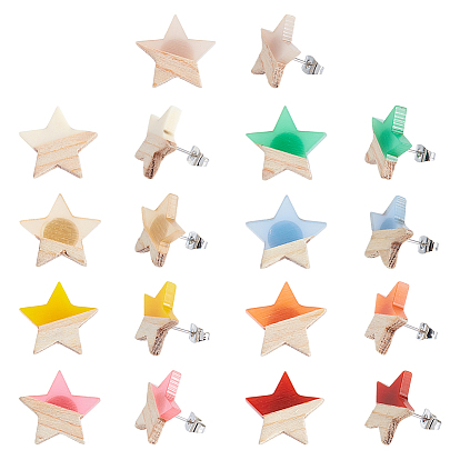 9 пары серег-гвоздиков из смолы и дерева в форме звезд, с железной фурнитурой, платина