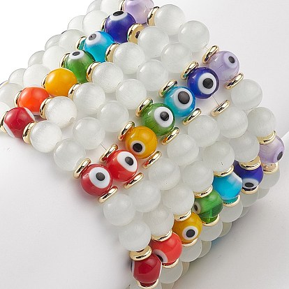 7Pcs 7 Color Cat Eye & Lampwork Evil Eye Round Beaded Stretch Bracelets, Lucky Stackable Bracelets for Women